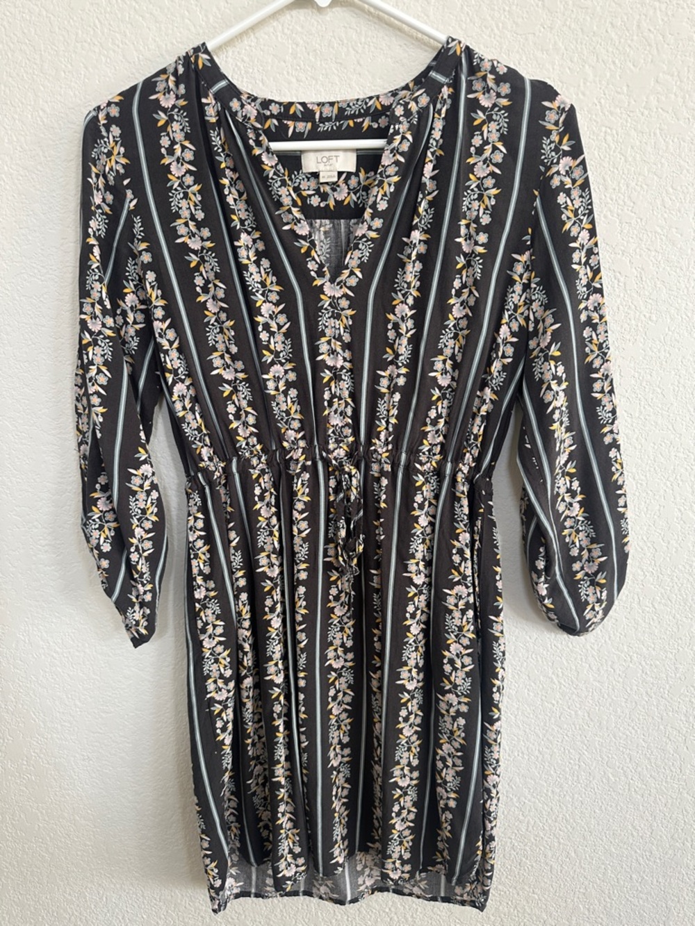 LOFT Black Floral-Striped V-Neck Drawstring Dress